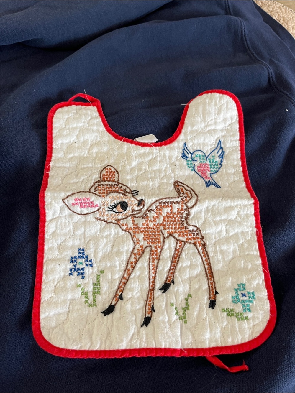 Vintage Handcrafted Embroidered Bambi Baby Bib with Red Trim